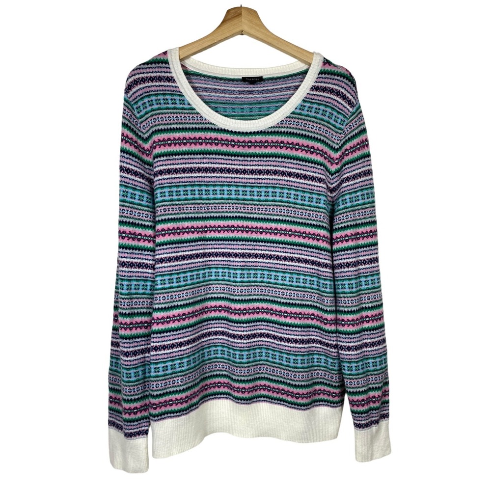 Talbots Sweater Women XL Fair Isle Crew Neck Lambswool Blend Multicolor Pullover